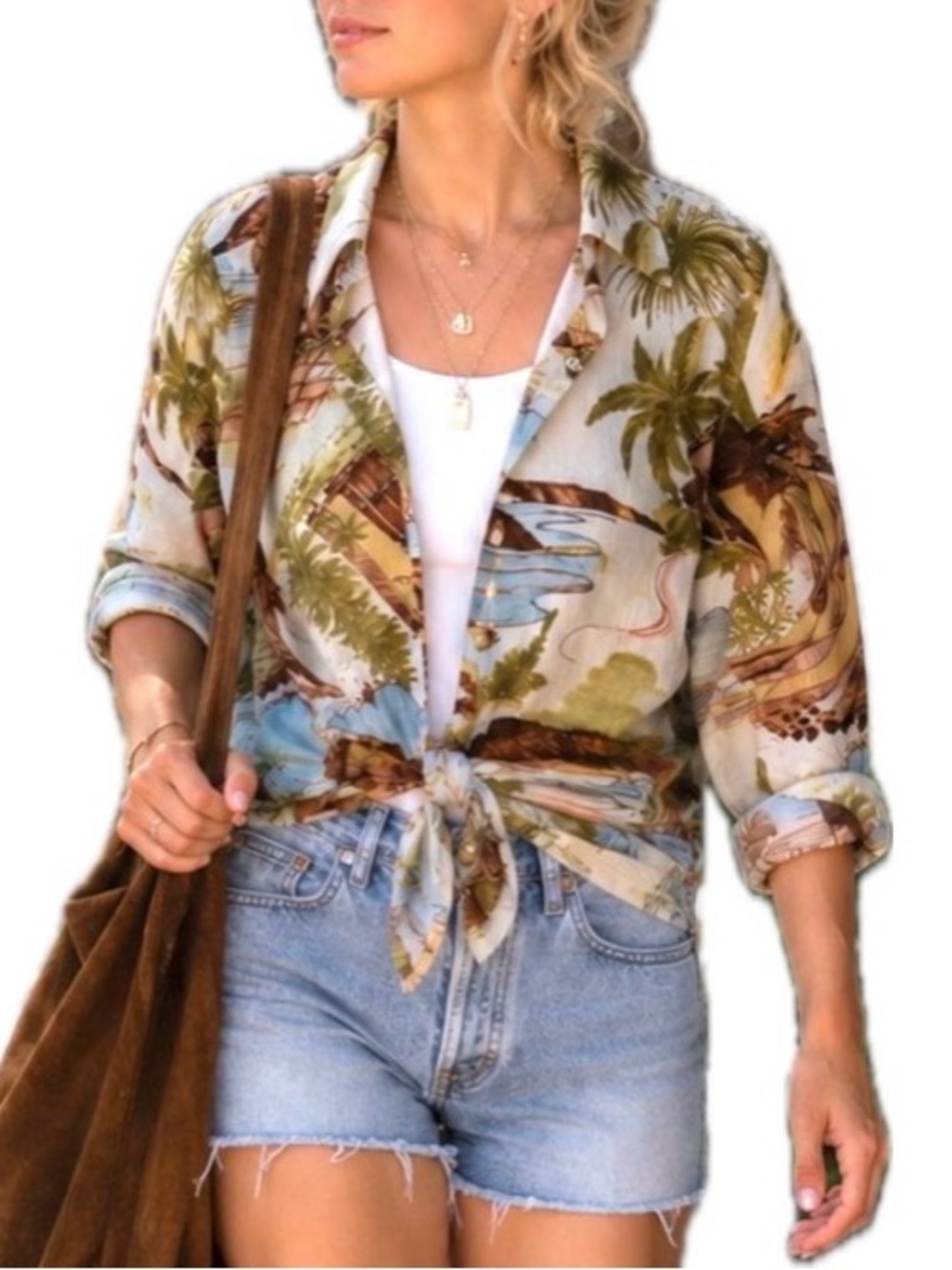 Lady Manhatten Scenic Print Multicolor Long Sleeve Button-Up Shirt